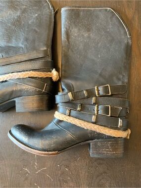 Freebird by Steven Drove Antiqued Black Leather Boho Riding Moto Boots Size 11